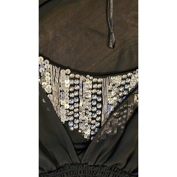 Alex Evenings Sheer Blouse Sliver Sequin Cami Elastic Waist & Cuffs Black Large - Picture 4 of 6